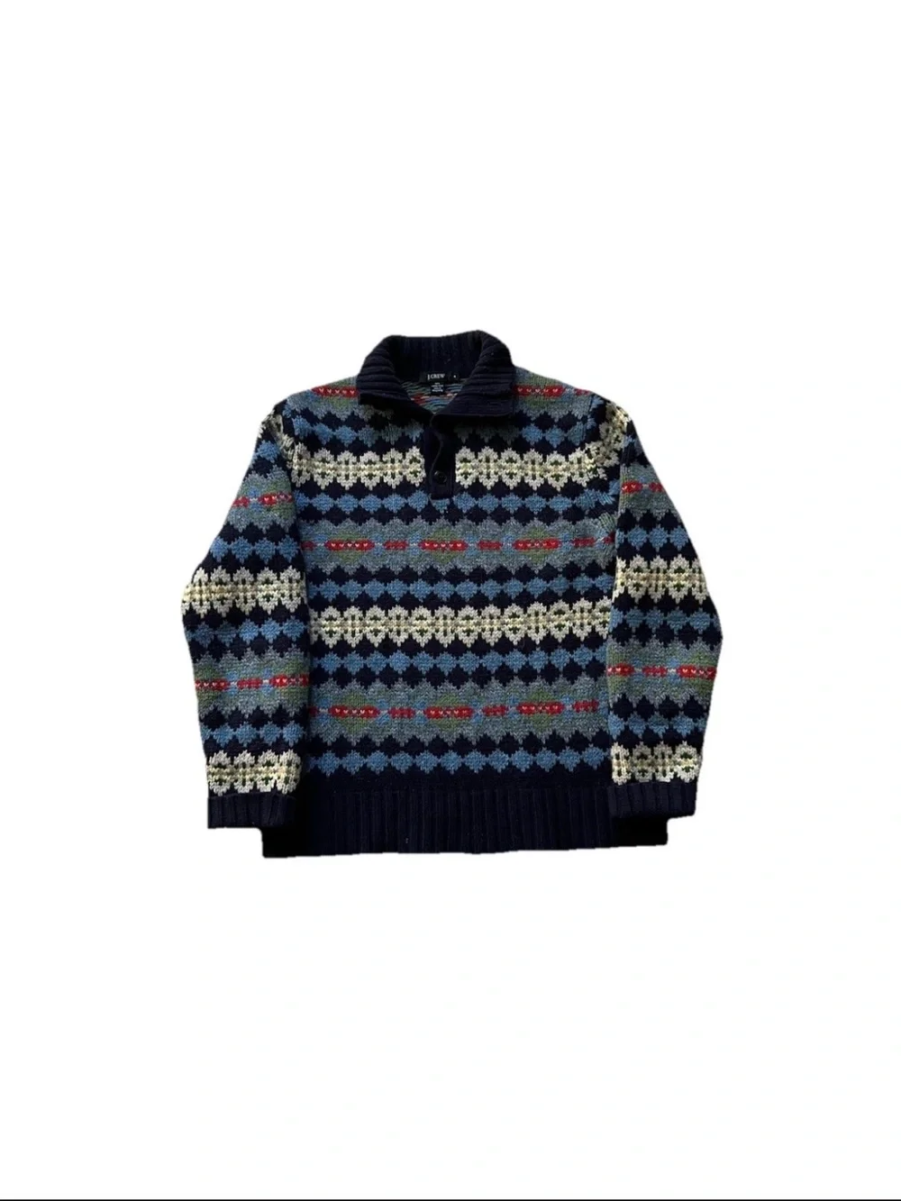 VTG J Crew Fair Isle Multi-color Henley Pullover Lambswool Sweater Size Medium